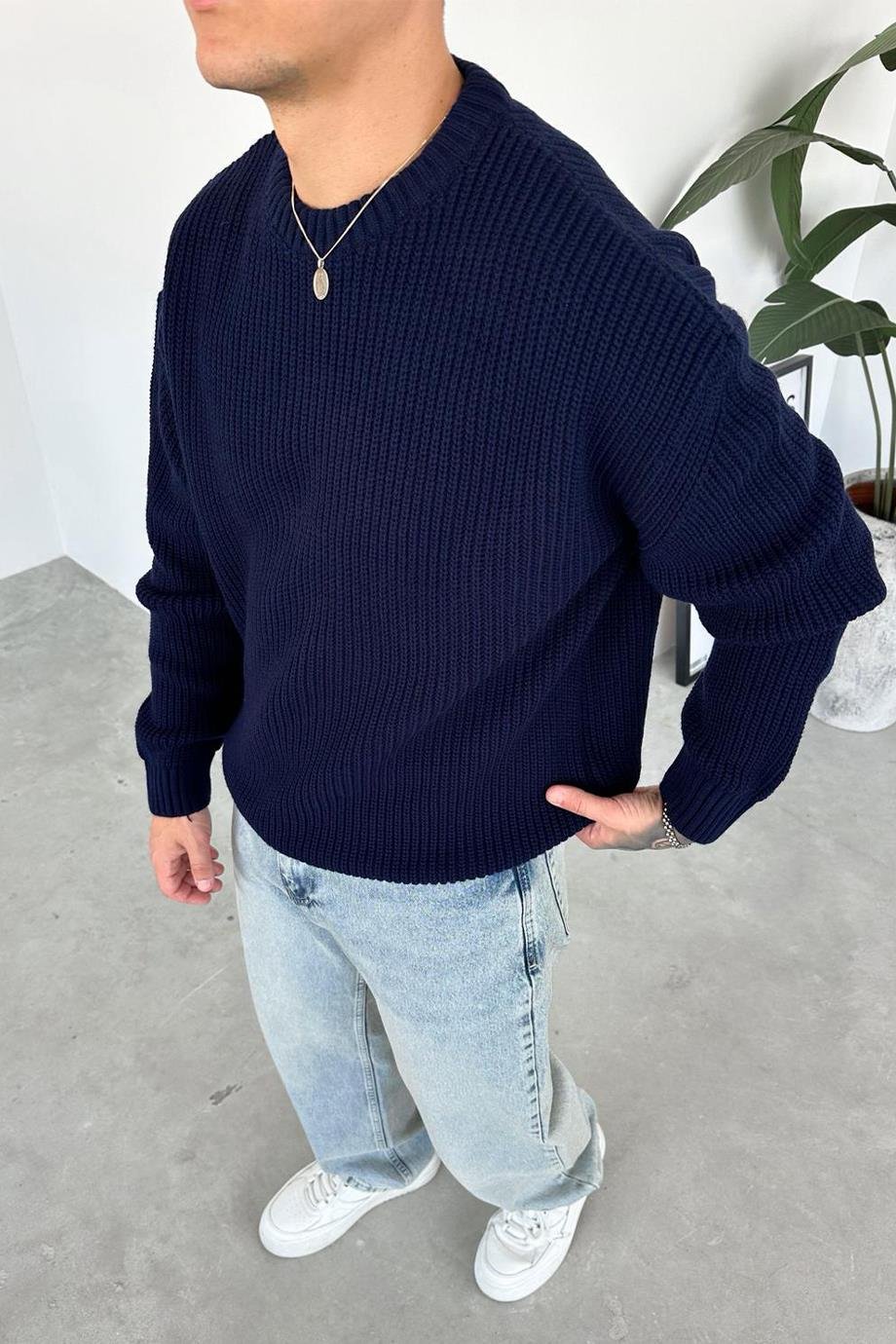 Lacivert  Örme Desen Oversize Triko Kazak