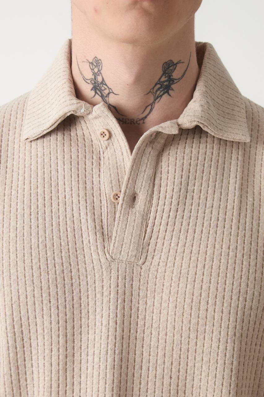 Düğmeli Örme Polo Yaka Oversize Tişört – Taş