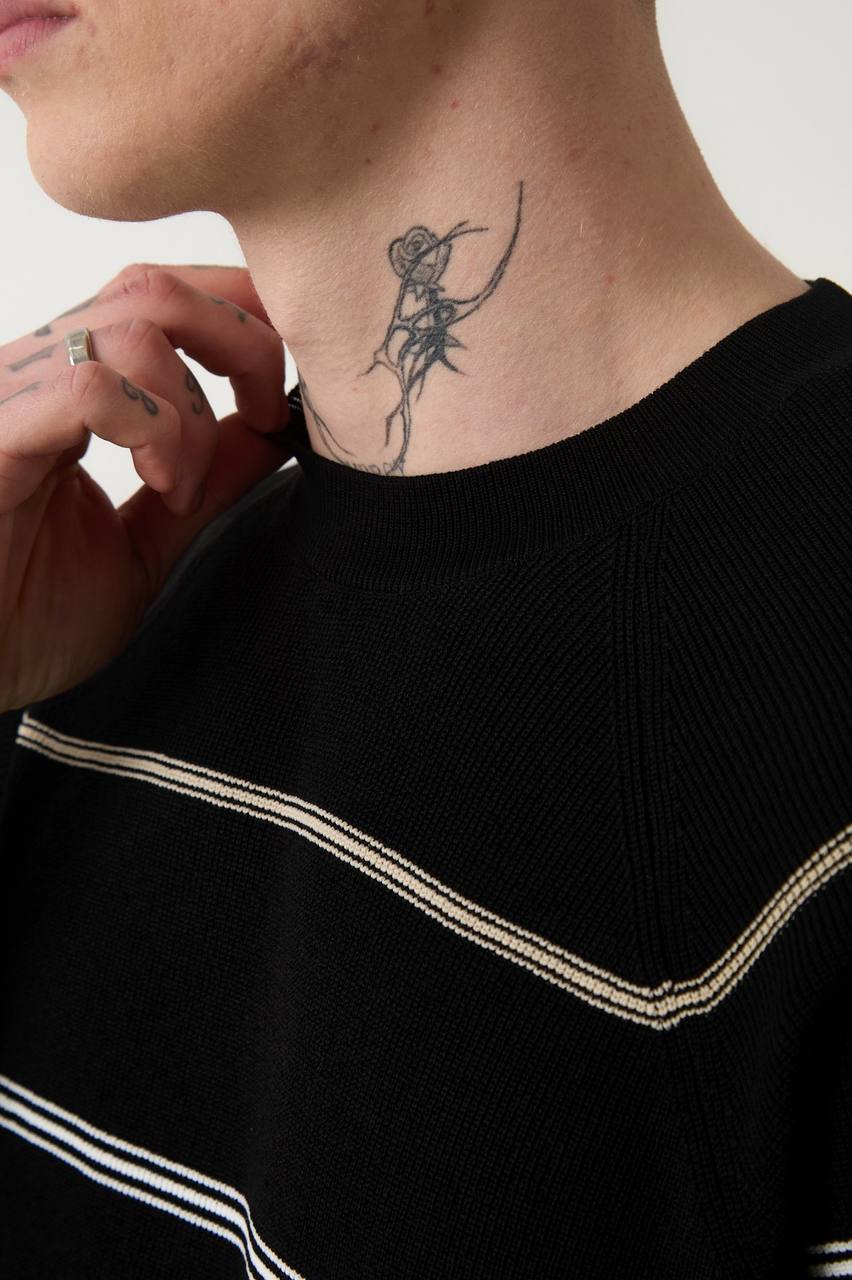28149 Triko Çizgili Oversıze T-shirt Siyah