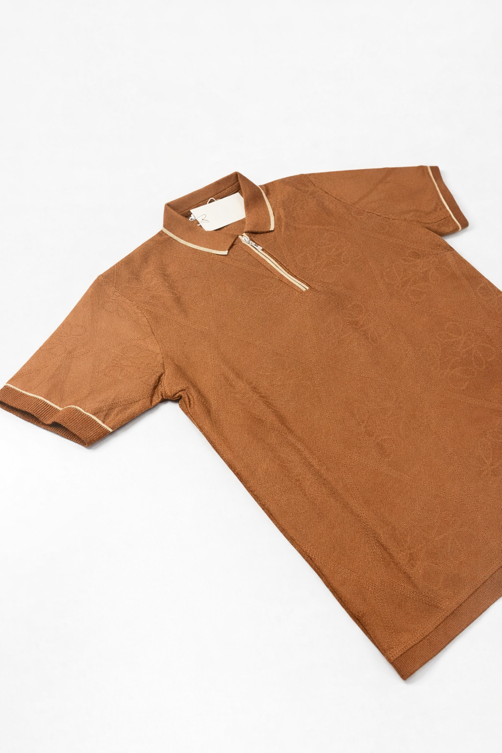 Fermuarlı Erkek Triko Tişört-Kahverengi