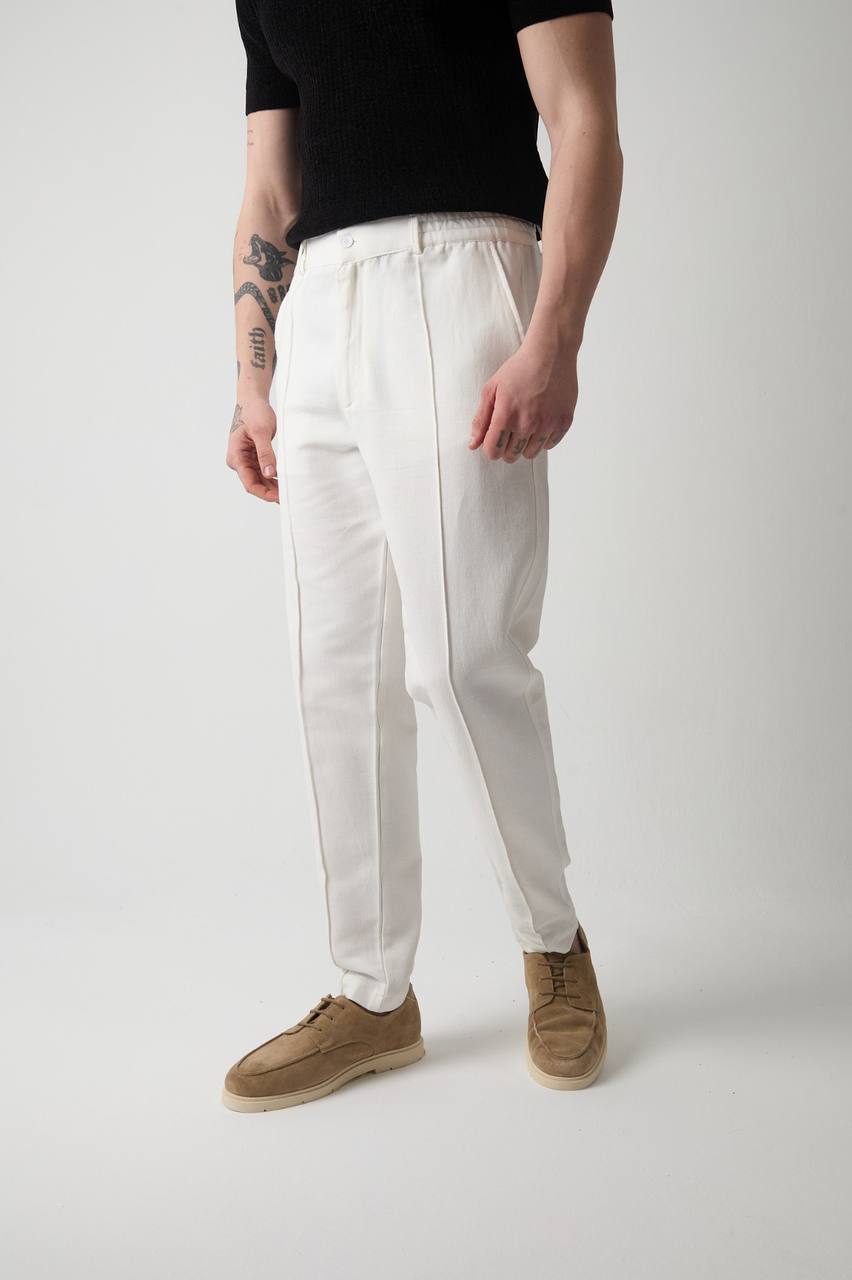 Beyaz  Bel Lastikli  Carrot Fit Erkek Pantolon
