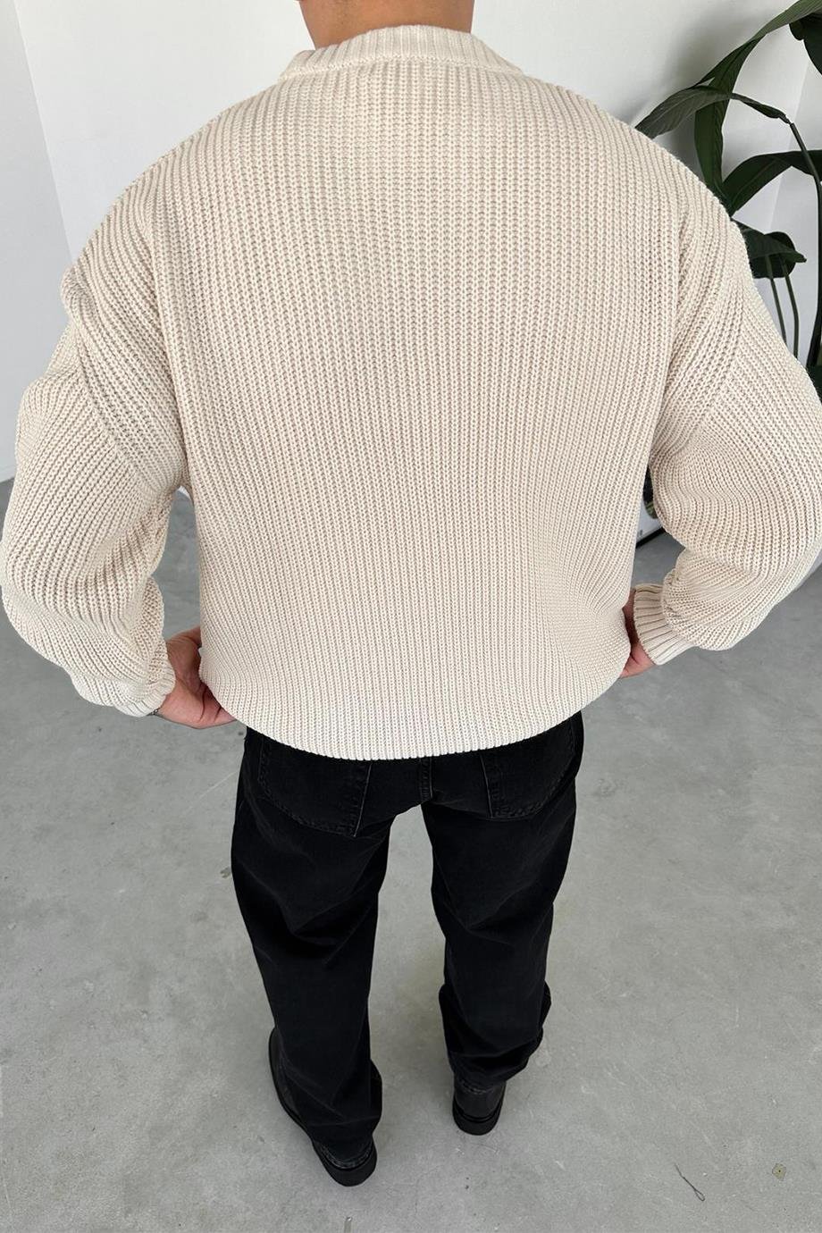 Krem Örme Desen Oversize Triko Kazak