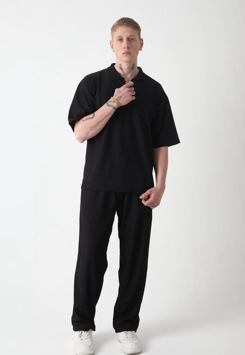 Yaka Fermuarlı Oversıze Ottoman T-Shırt-Siyah