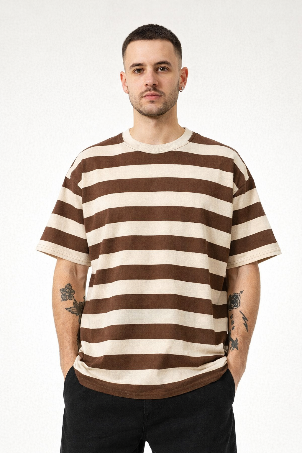 Şeritli Yarım Oversıze T-shirt Kahve