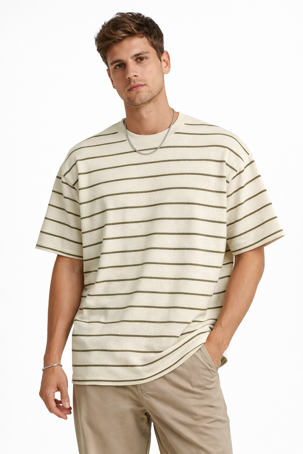 Çizgili Yarım Overszıe T-shirt -Haki