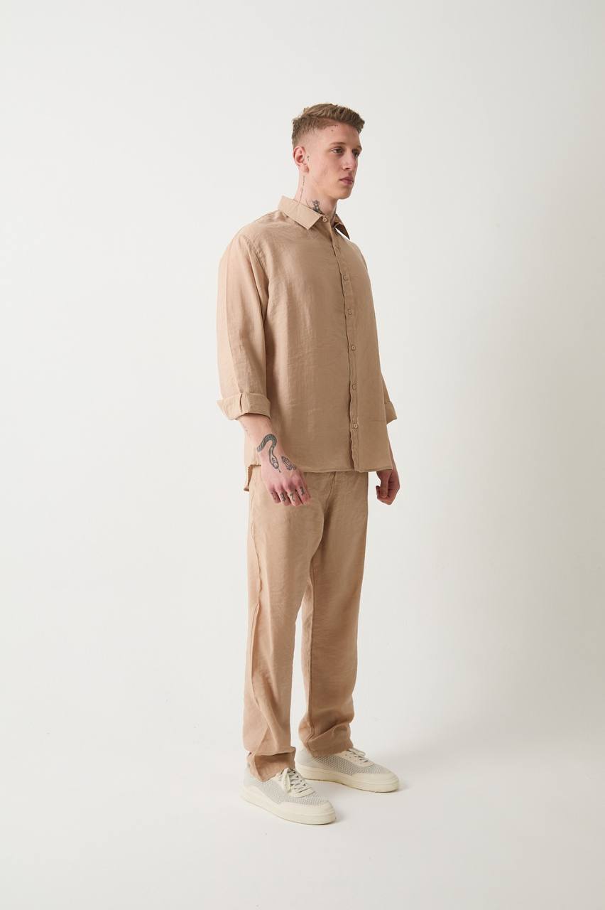Lıyosel Kumaş Oversize Taş Rengi Gömlek