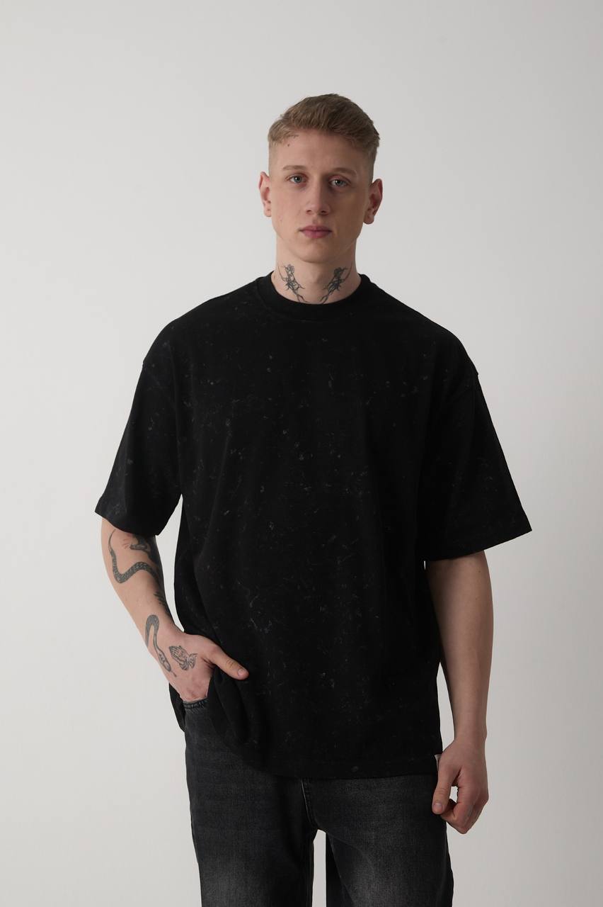 Desenli Oversize Suprem Kumaş T-shirt Siyah