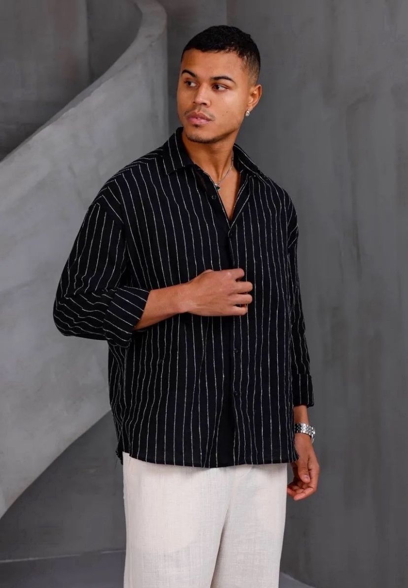 Çizgili Oversıze Keten Gömlek-Siyah