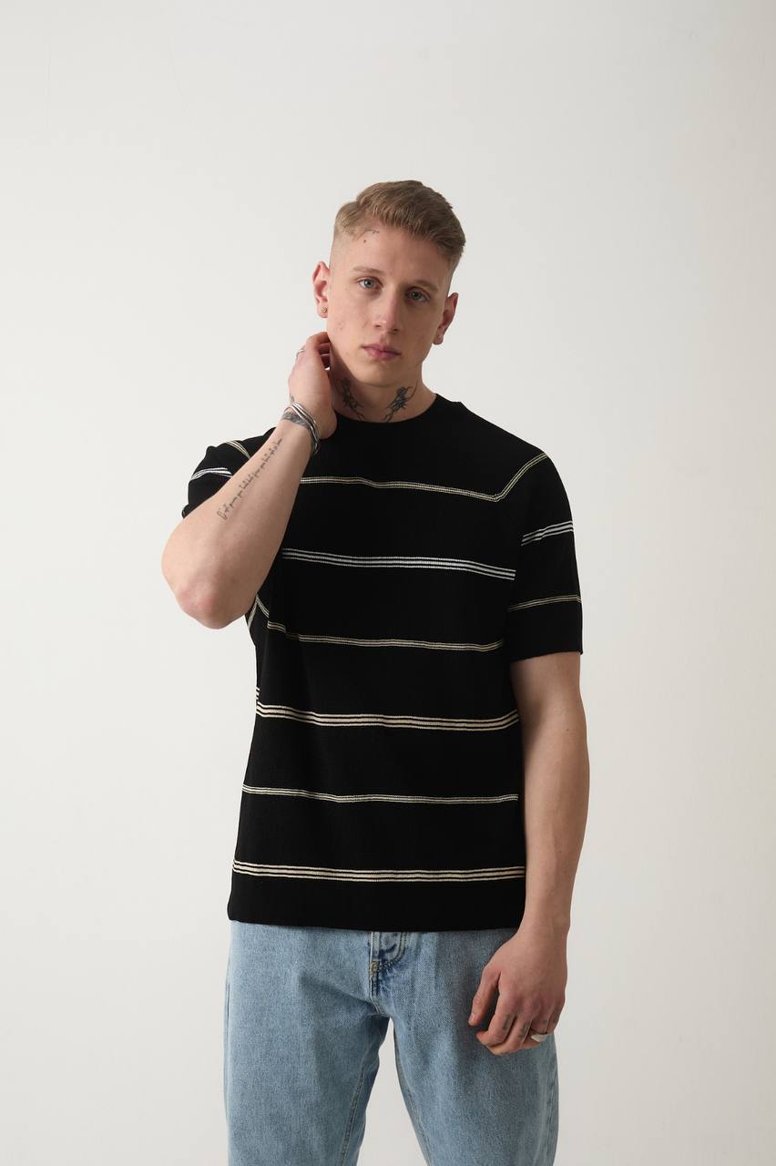 28149 Triko Çizgili Oversıze T-shirt Siyah