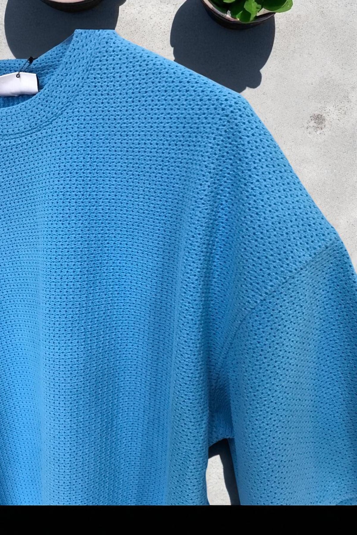 DELİKLİ JAKARLI OVERSIZE TSHİRT-Mavi