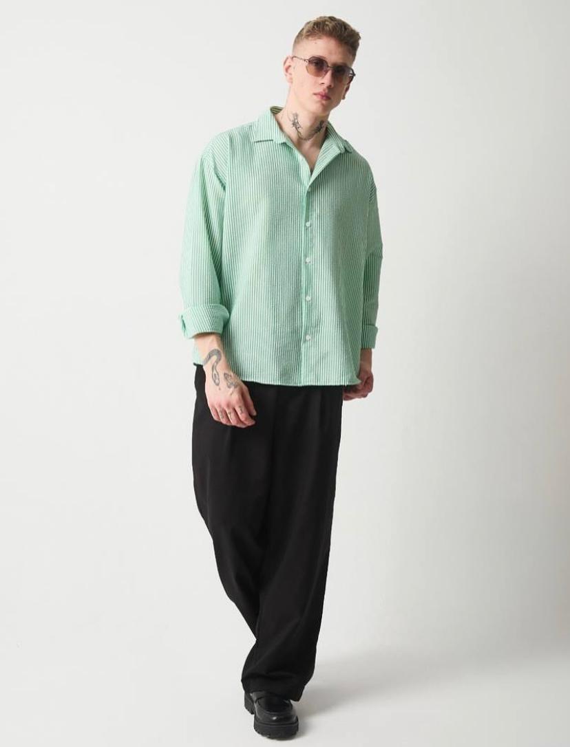 Oversize Gofre Kumaş Yeşil Çizgili Gömlek