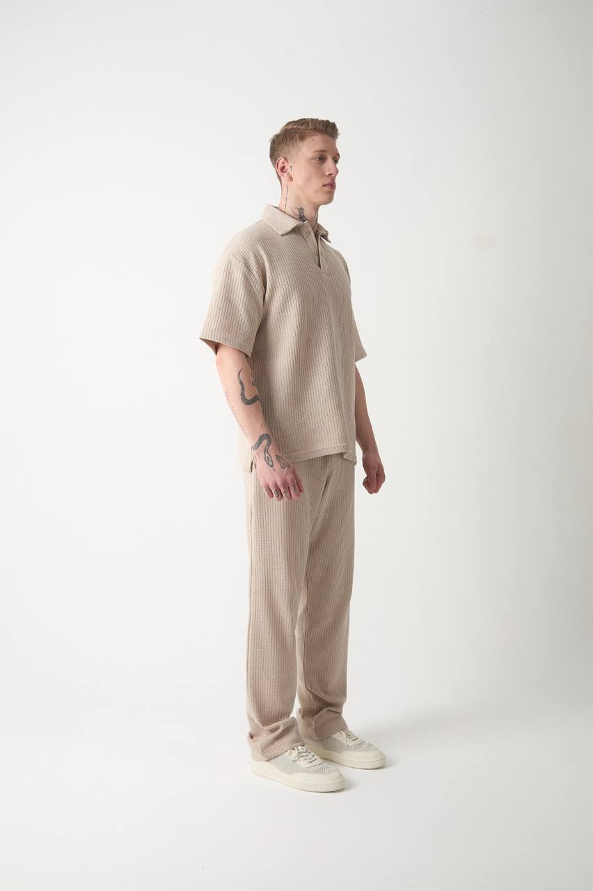 Düğmeli Örme Polo Yaka Oversize Tişört – Taş