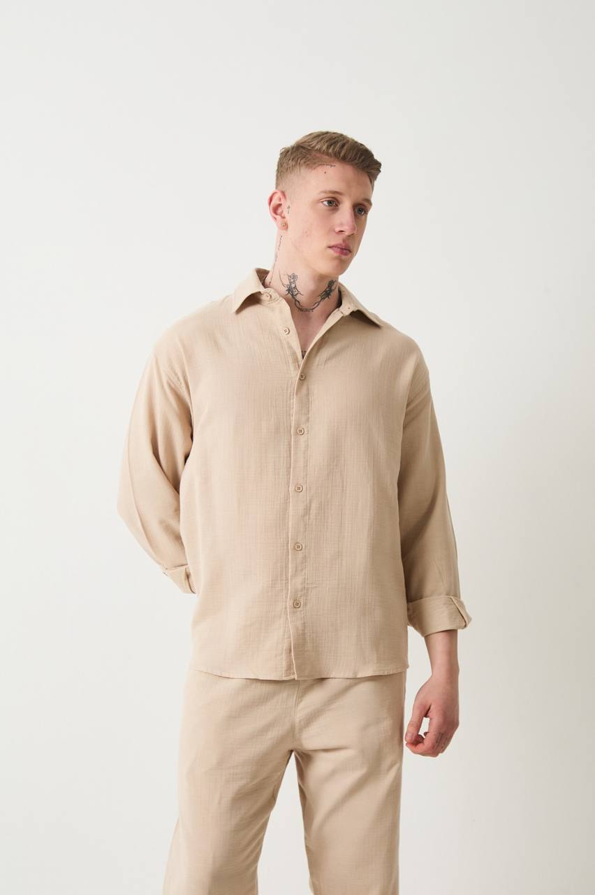 Müslin Kumaş Oversize Bej  Gömlek