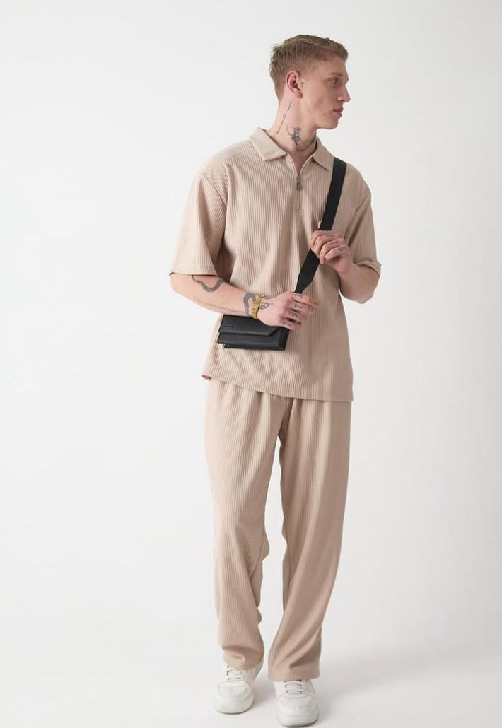 Yaka Fermuarlı Oversıze Ottoman T-Shırt-Bej