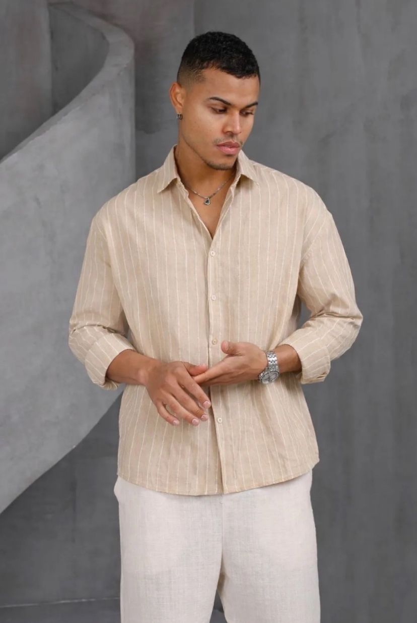 Çizgili Oversıze Keten Gömlek-Bej