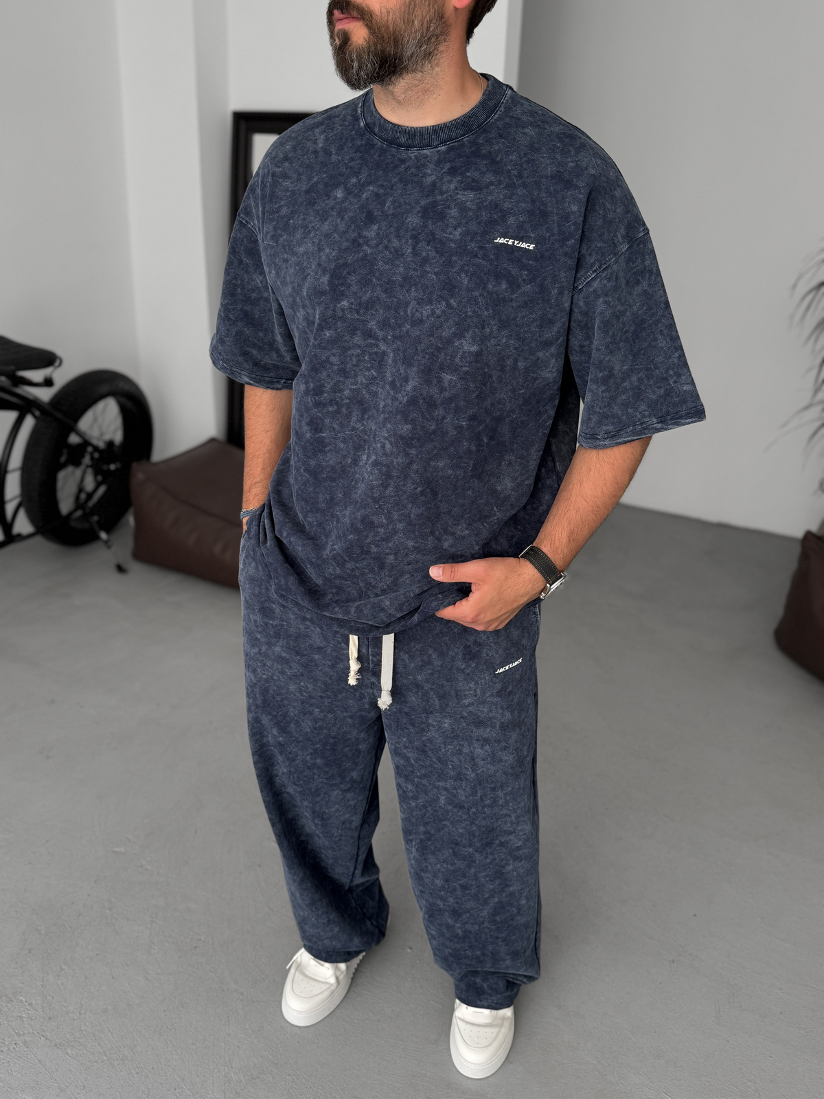 Lacivert Yıkamalı Kabartmalı Oversize T-Shirt JJ-201