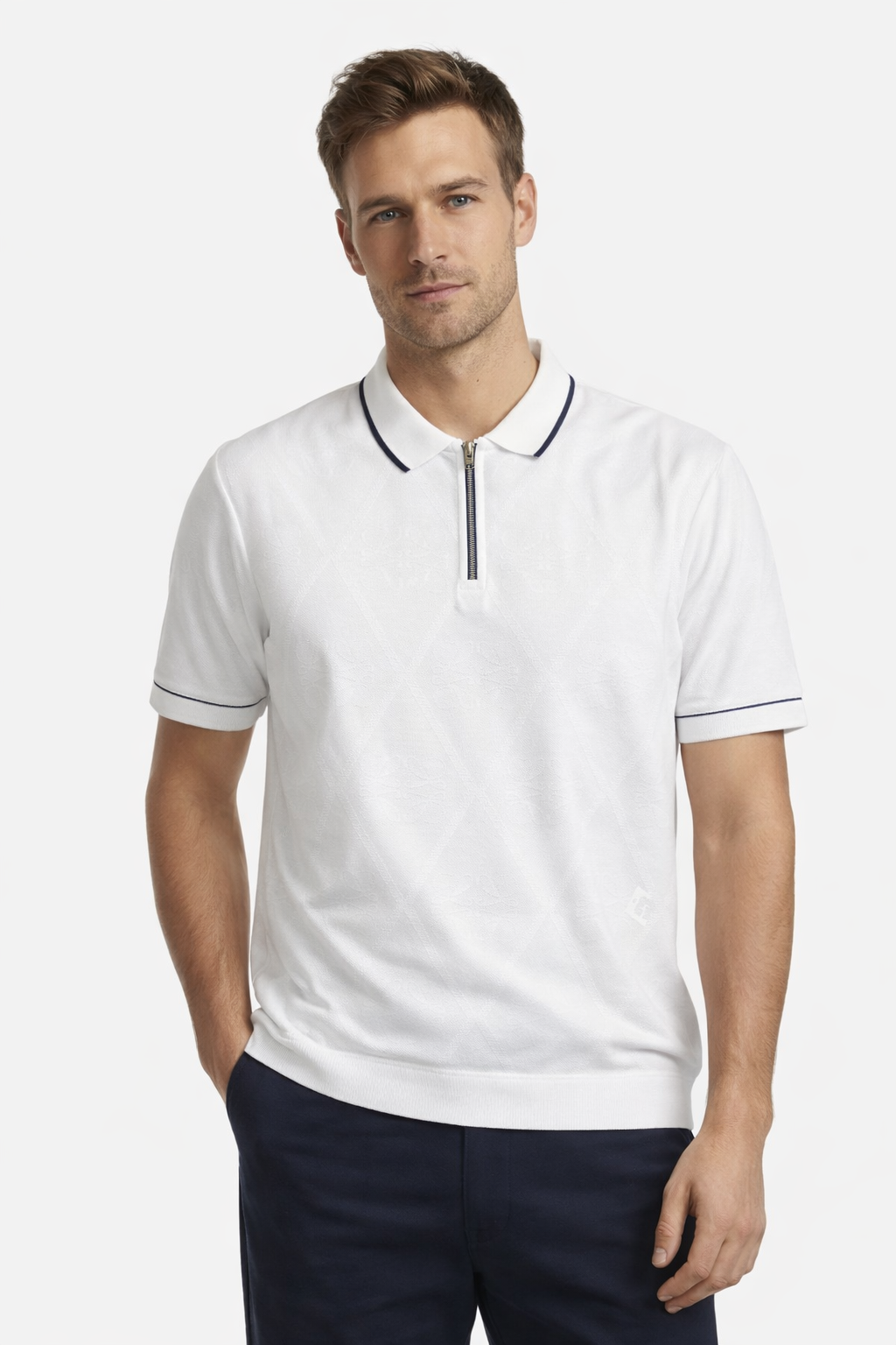 Fermuarlı Erkek Triko Tişört-Beyaz