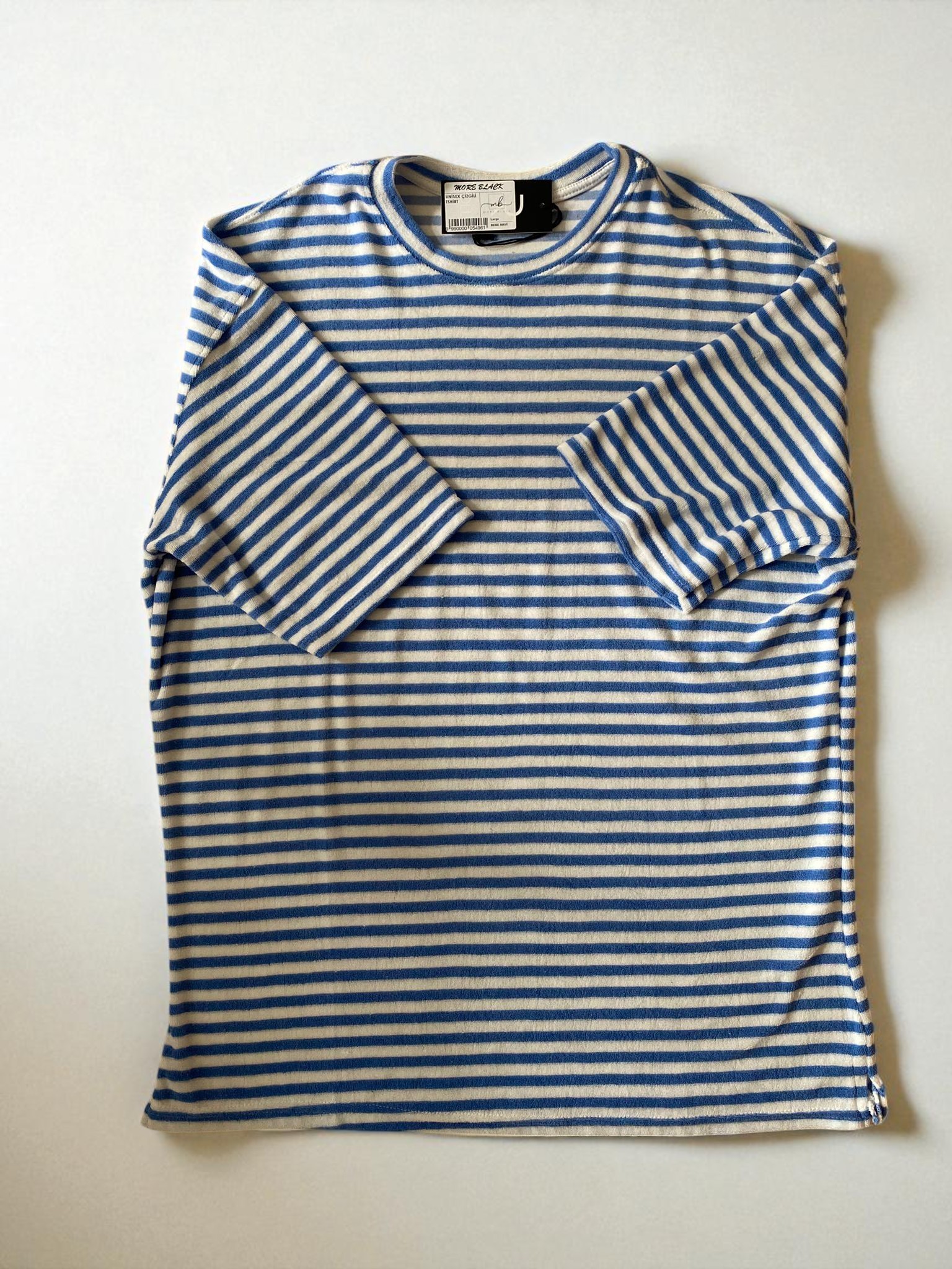 Çizgili Basic Oversize Unisex Tshirt-Mavi