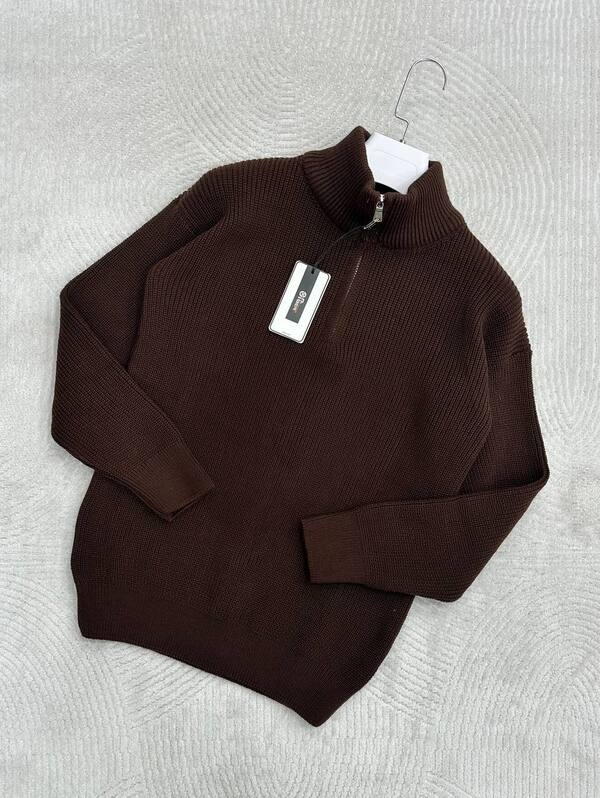 0FB 550 -Triko Fermuarlı Dik Yaka-Kahve