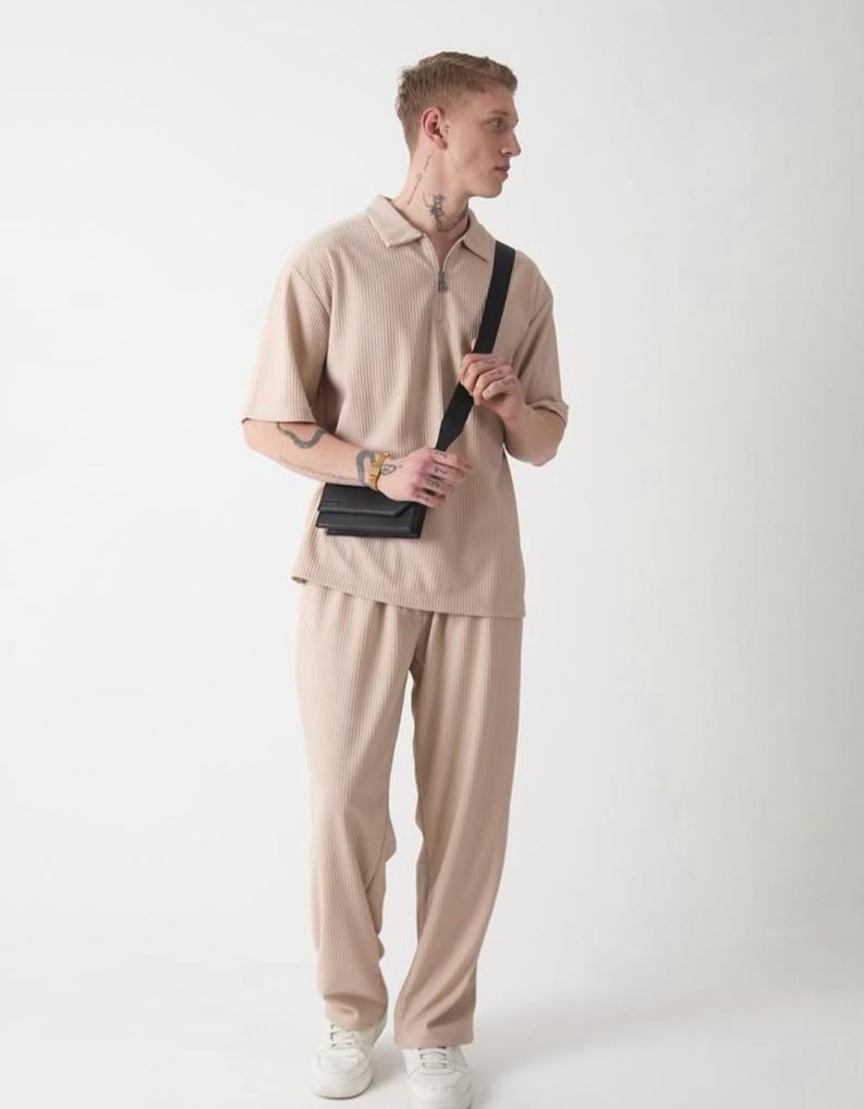 Bej Oversize Polo Yaka T-shirt