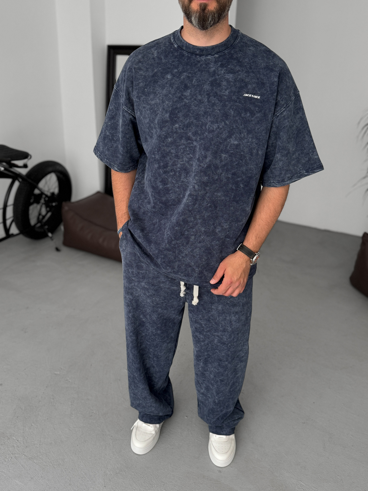 Lacivert Yıkamalı Kabartmalı Oversize T-Shirt JJ-201