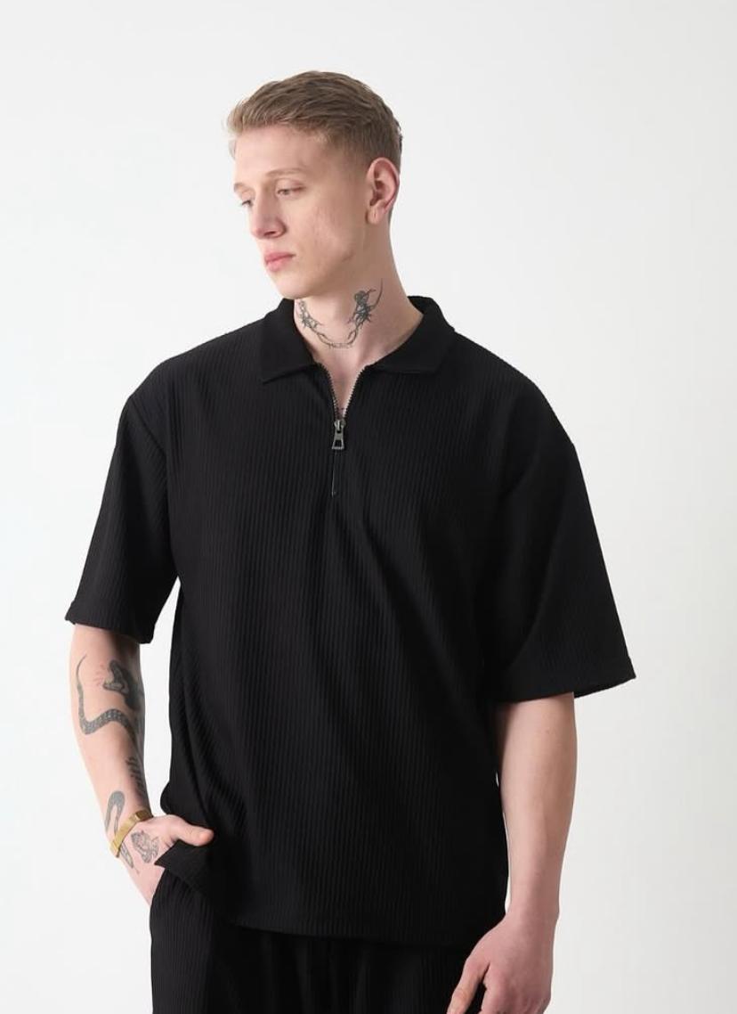 Yaka Fermuarlı Oversıze Ottoman T-Shırt-Siyah