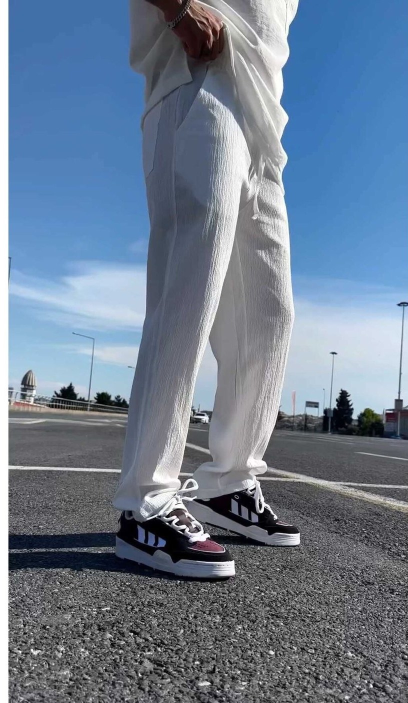Gofre Keten Baggy eşofman-pantolon (Beyaz)