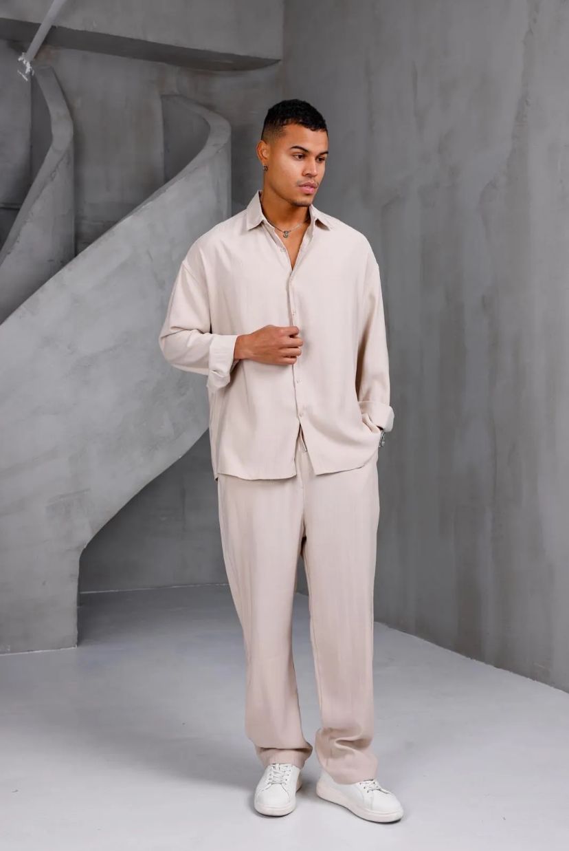 Oversize Erkek İkili Takım Gömlek Pantolon -Bej