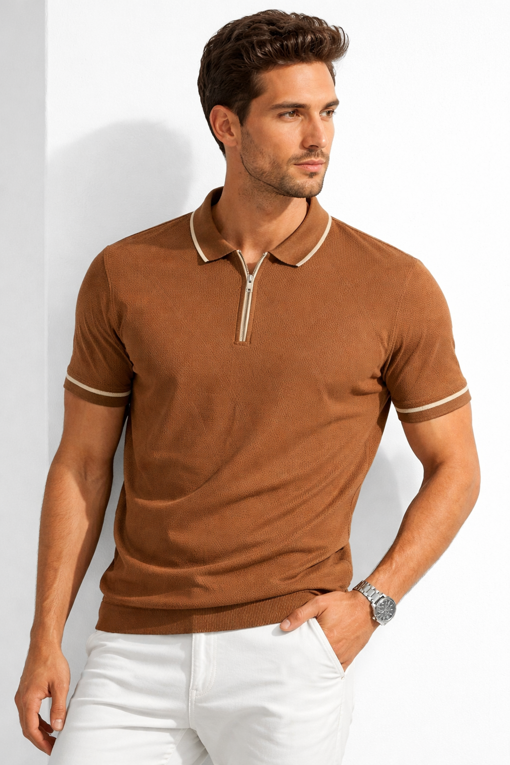 Fermuarlı Erkek Triko Tişört-Kahverengi