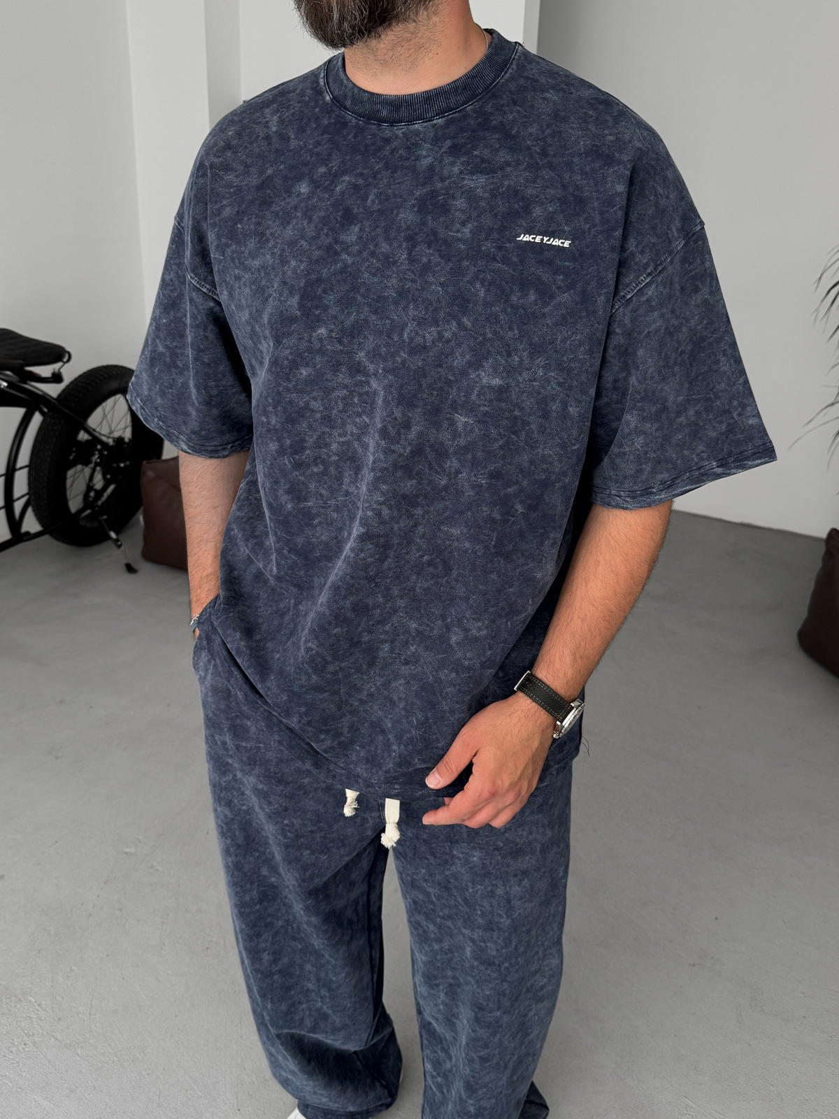 Lacivert Yıkamalı Kabartmalı Oversize T-Shirt JJ-201