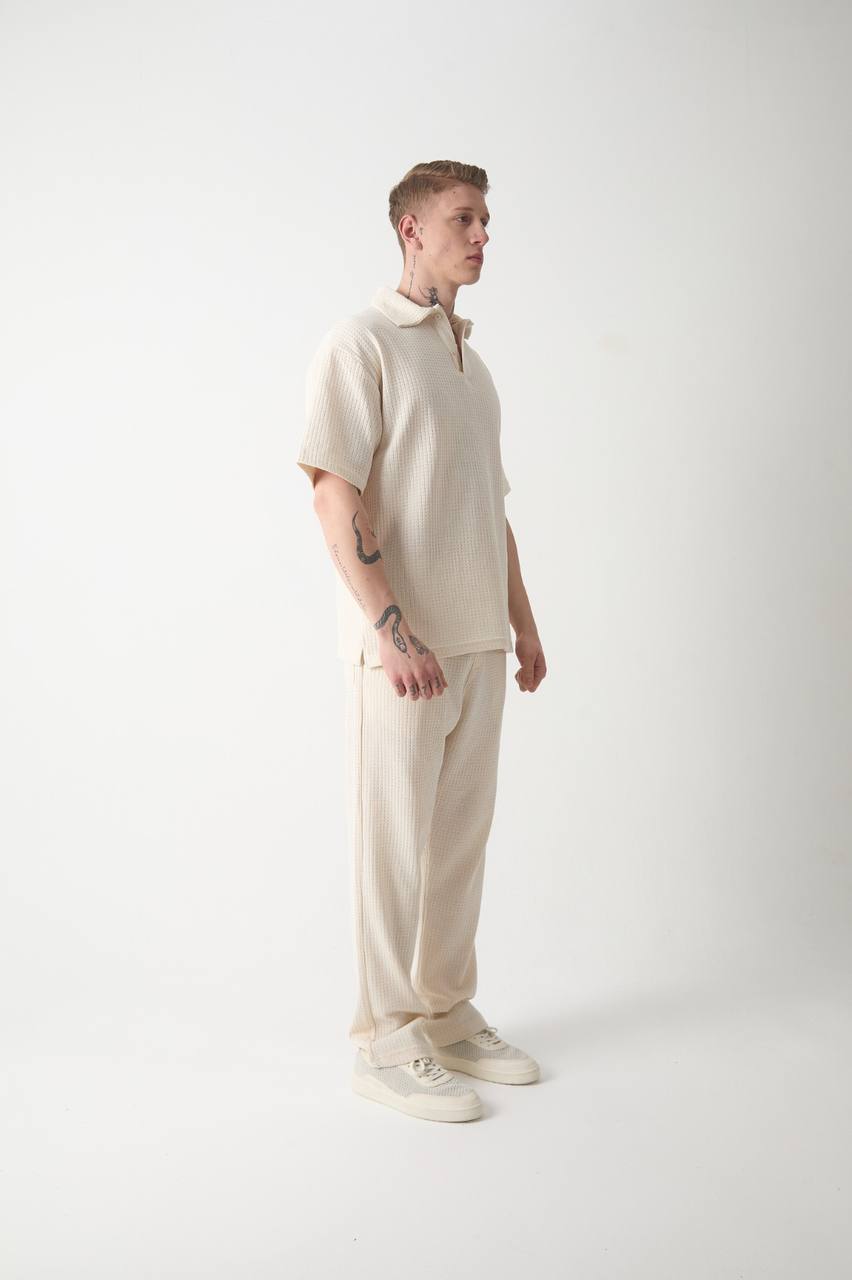 Düğmeli Örme Polo Yaka Oversize Tişört – krem