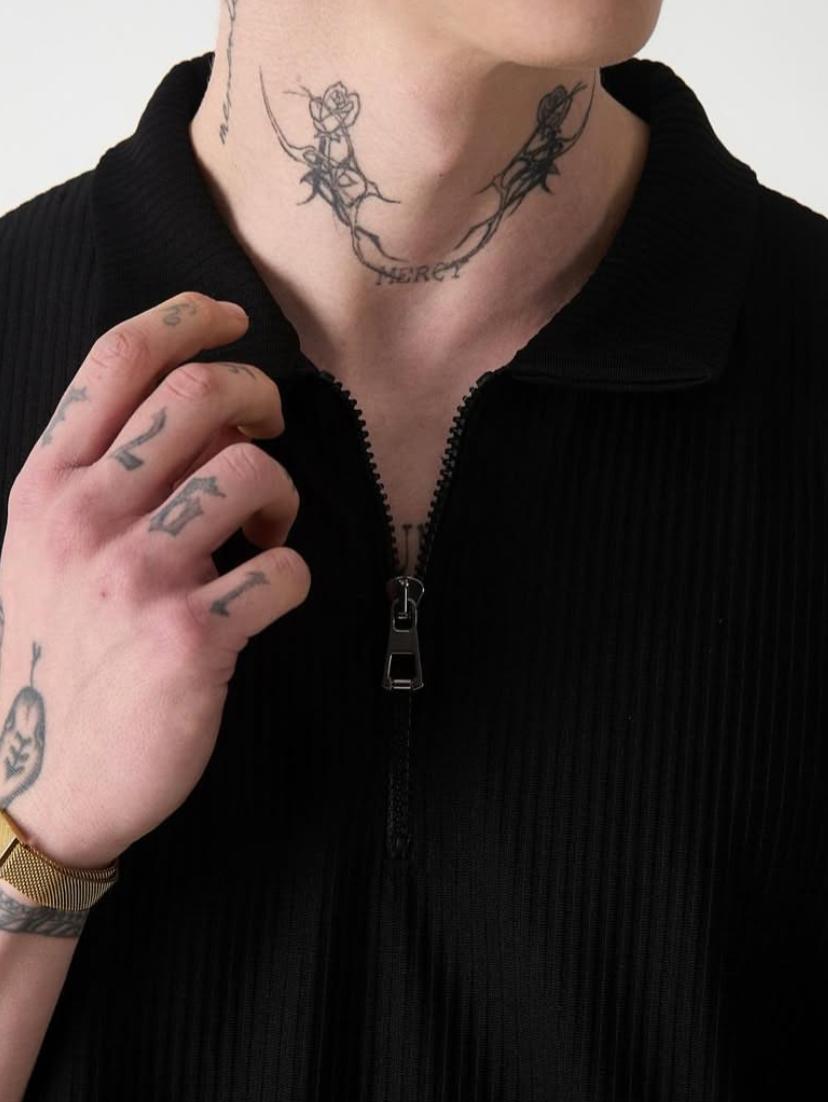 Yaka Fermuarlı Oversıze Ottoman T-Shırt-Siyah