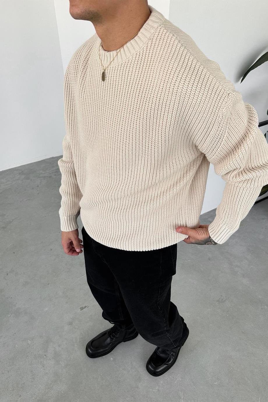 Krem Örme Desen Oversize Triko Kazak