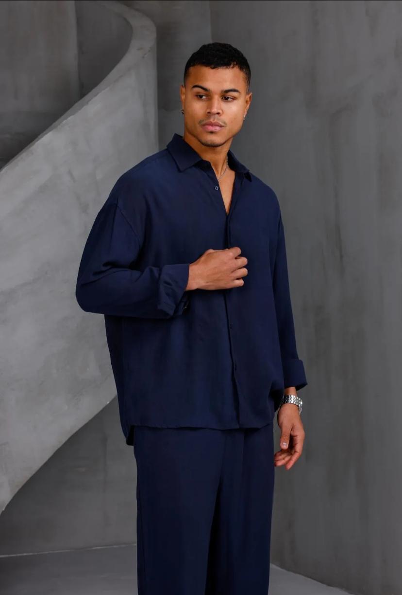 Oversize Erkek İkili Takım Gömlek Pantolon -Lacivert