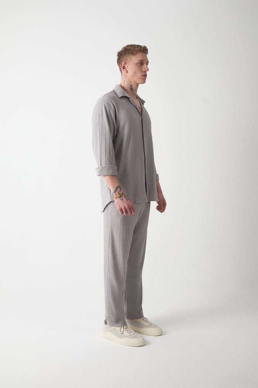 Gri Oversize Bürümcük Kumaş Gömlek