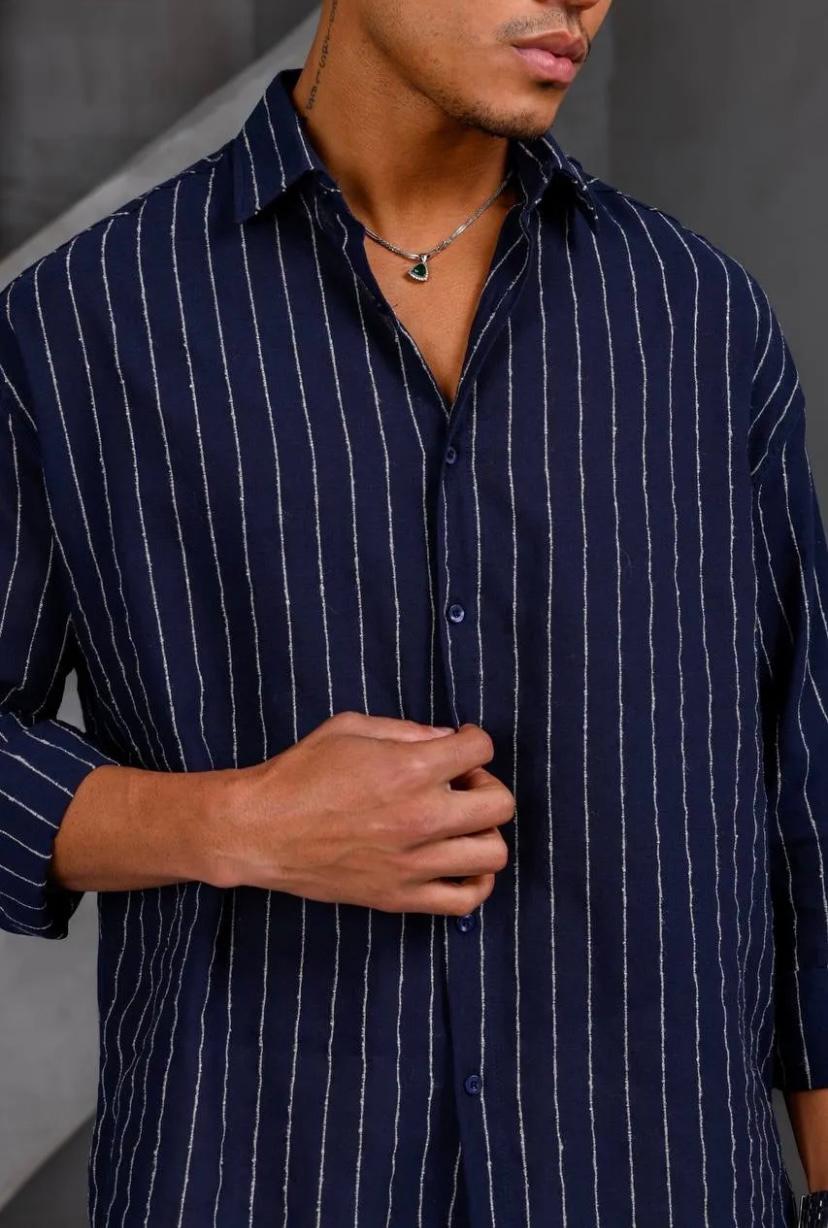 Çizgili Oversıze Keten Gömlek-Lacivert