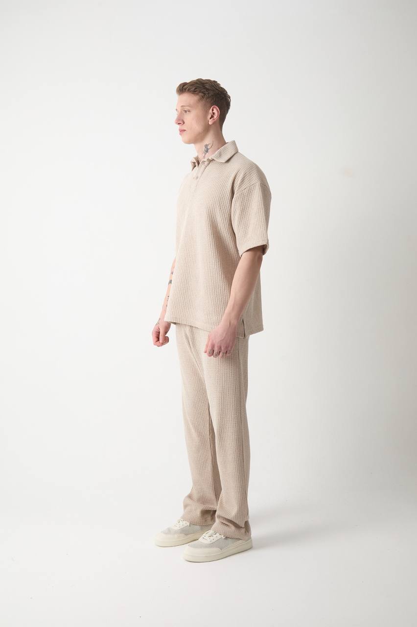 Düğmeli Örme Polo Yaka Oversize Tişört – Taş