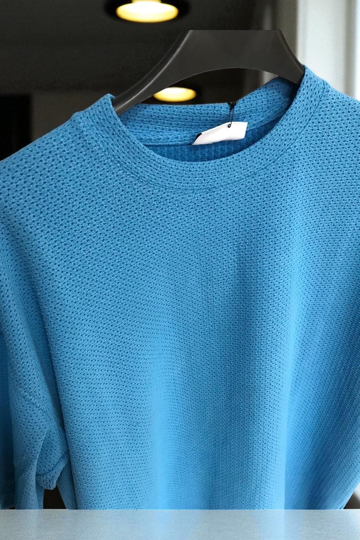 DELİKLİ JAKARLI OVERSIZE TSHİRT-Mavi