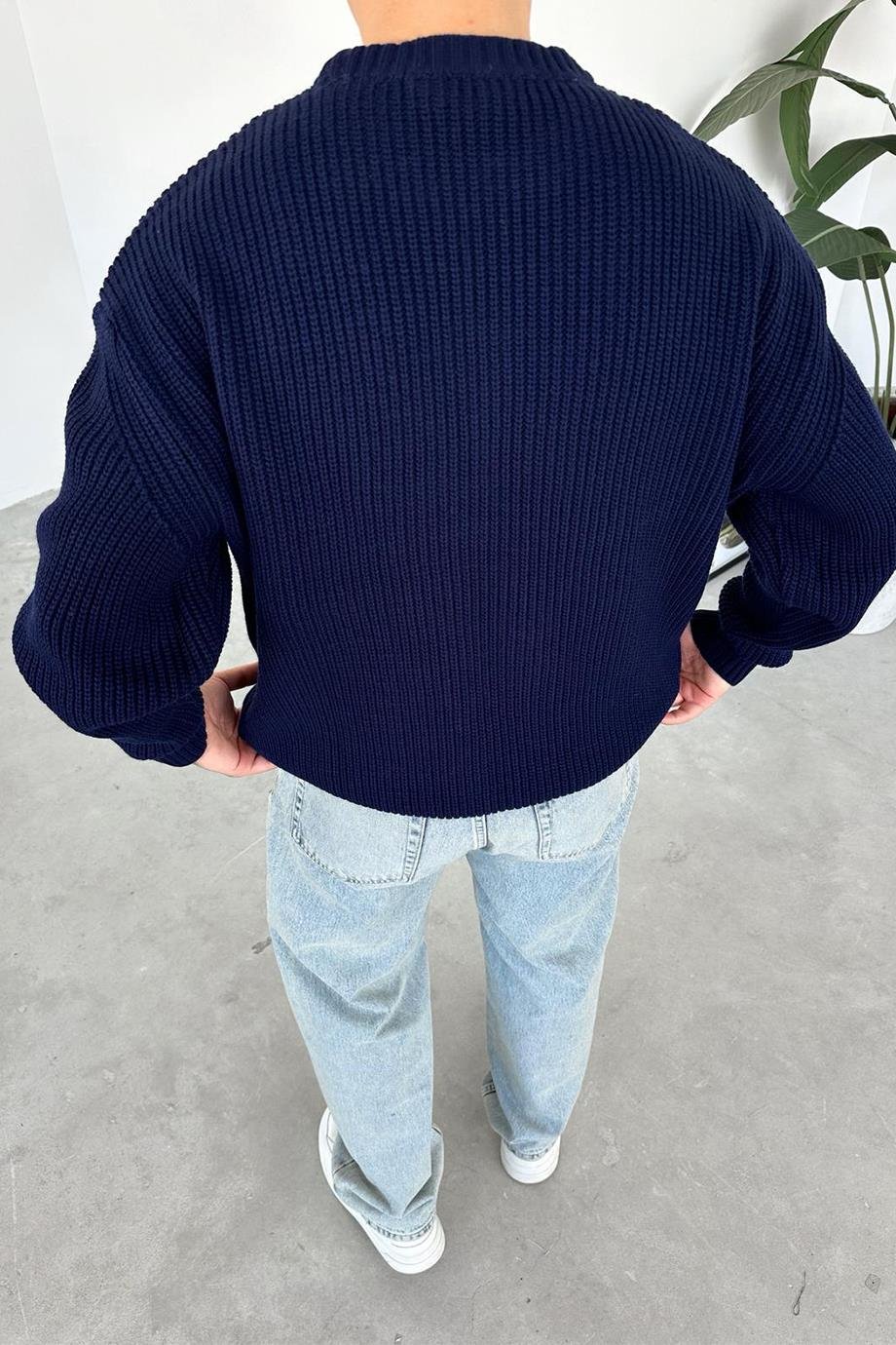 Lacivert  Örme Desen Oversize Triko Kazak