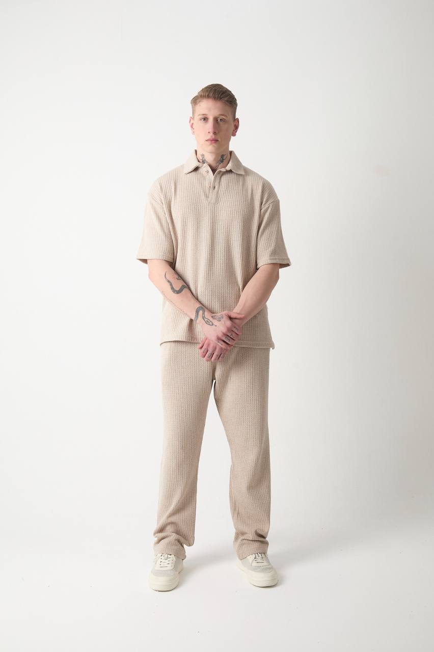 Düğmeli Örme Polo Yaka Oversize Tişört – Taş