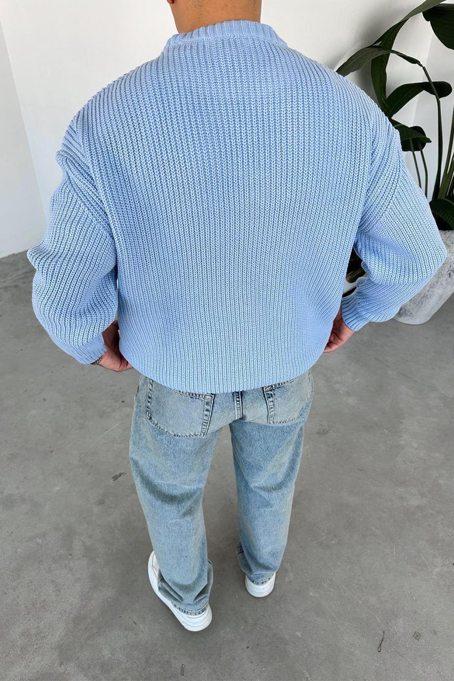 Bebe Mavi Örme Desen Oversize Triko Kazak