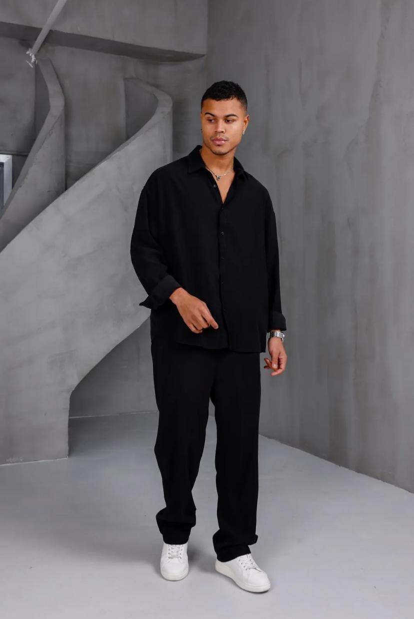 Oversize Erkek İkili Takım Gömlek Pantolon -Siyah