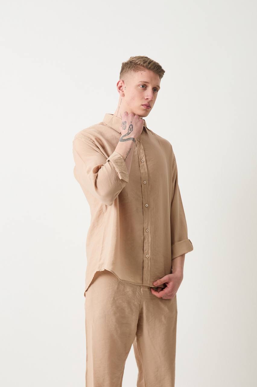 Lıyosel Kumaş Oversize Taş Rengi Gömlek