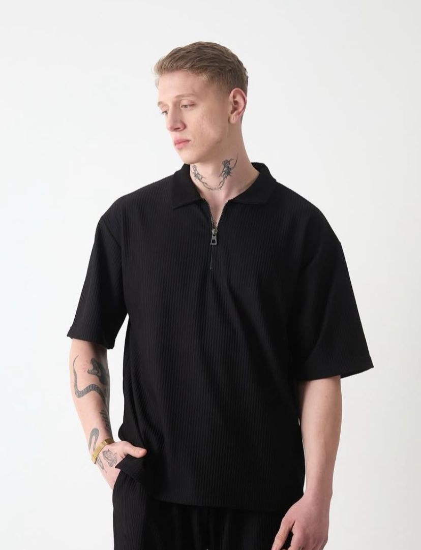 Siyah Oversize Polo Yaka T-shirt