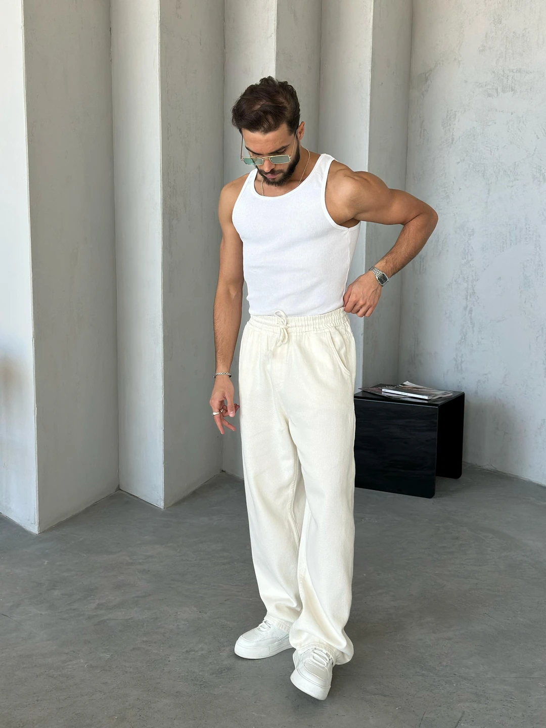 Desenli slimfit atlet Beyaz
