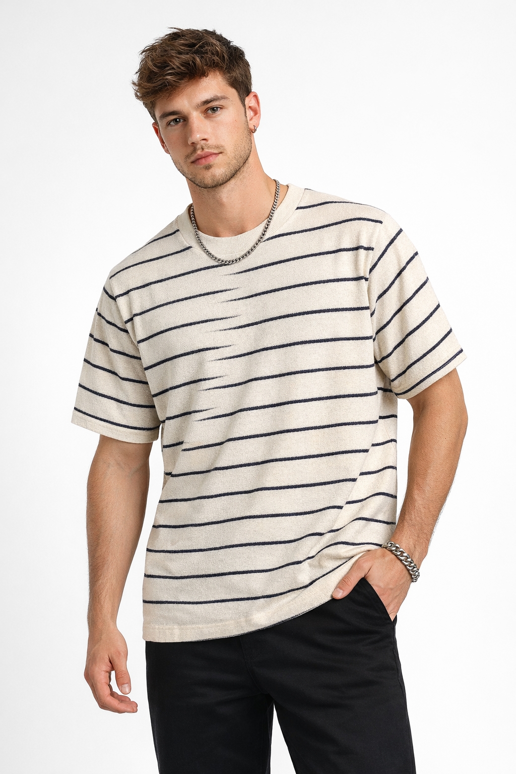 Çizgili Yarım Overszıe T-shirt -Lacivert