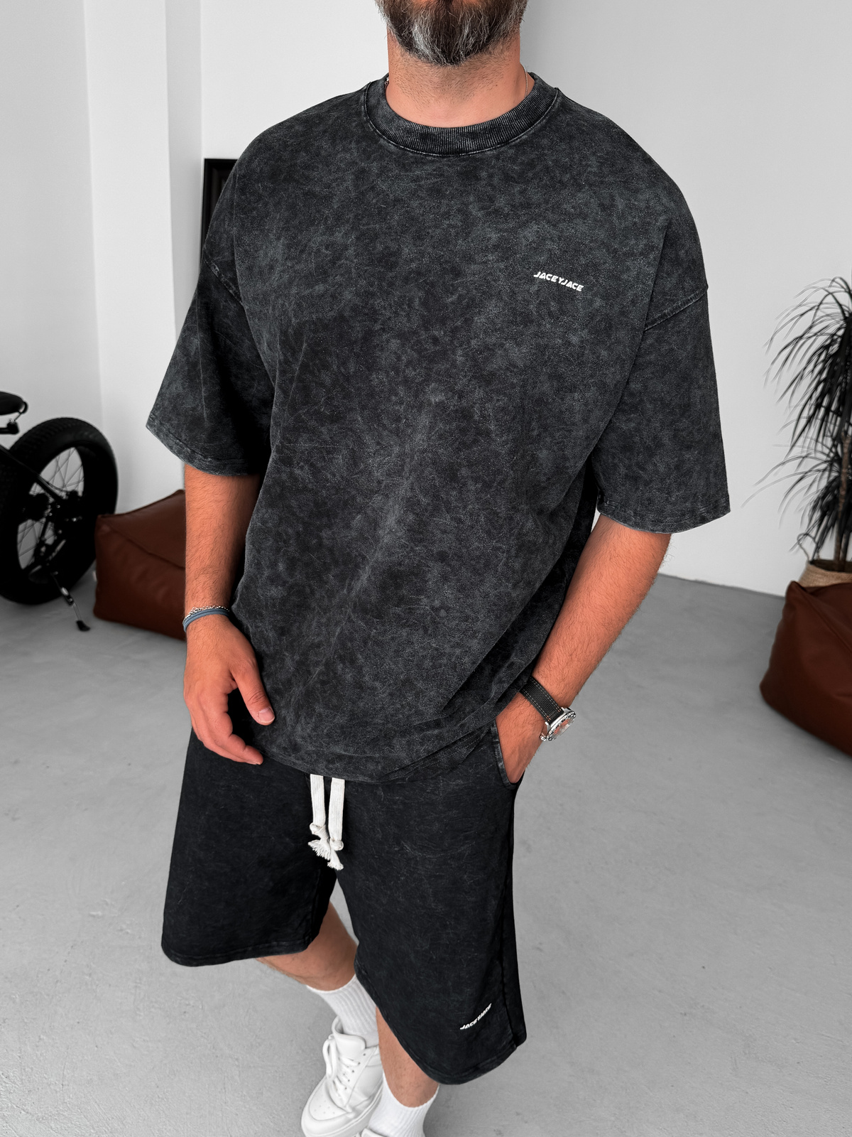 Siyah Yıkamalı Kabartmalı Oversize T-Shirt JJ-201
