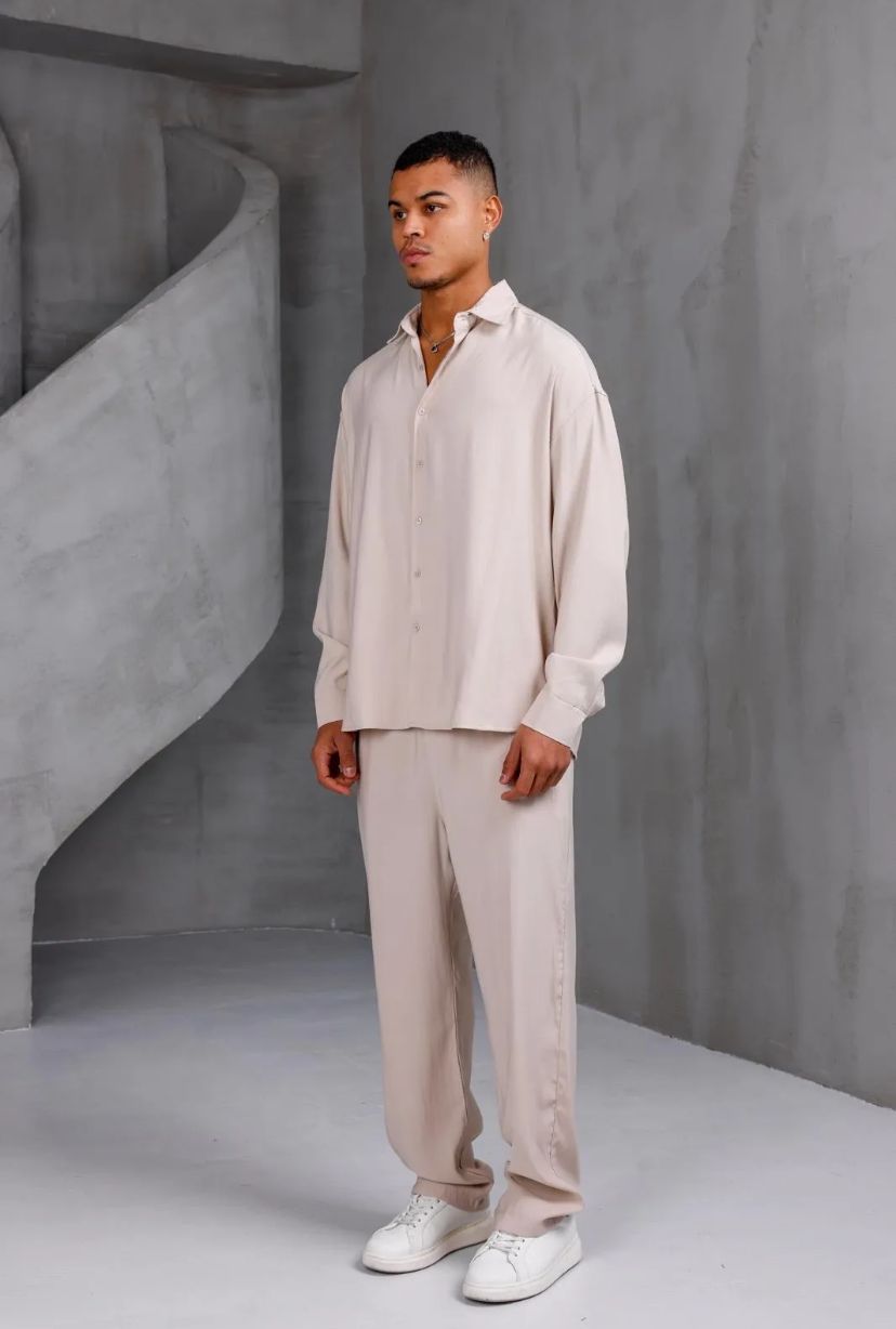 Oversize Erkek İkili Takım Gömlek Pantolon -Bej