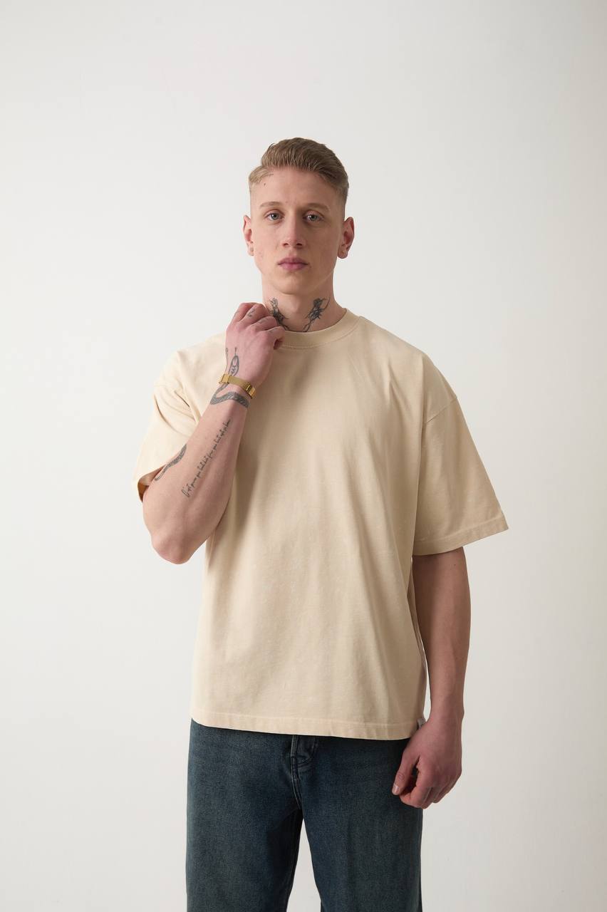 Desenli Oversize Suprem Kumaş T-shirt Bej