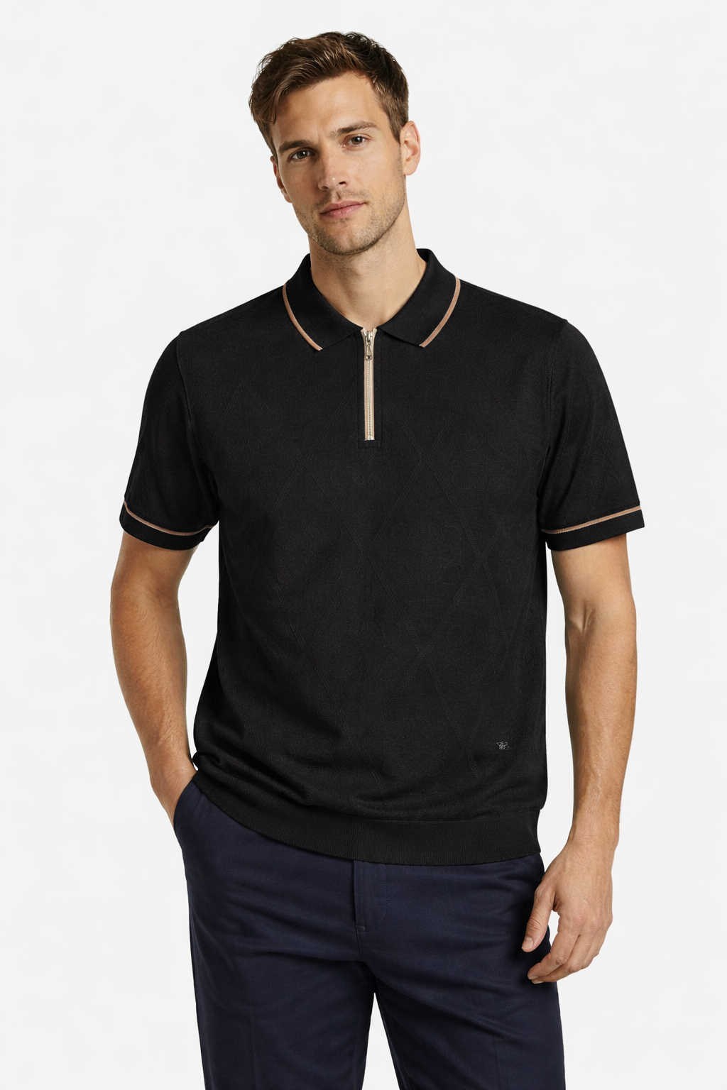 Fermuarlı Erkek Triko Tişört-Siyah